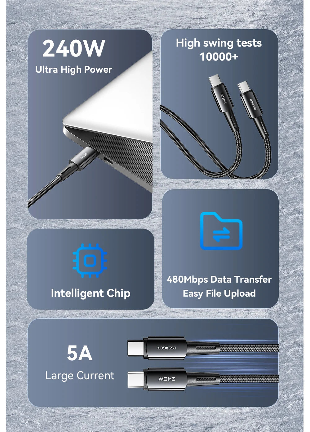 Essager 240W USB-C Fast Charging Cable – 6A High-Speed Type-C Cable