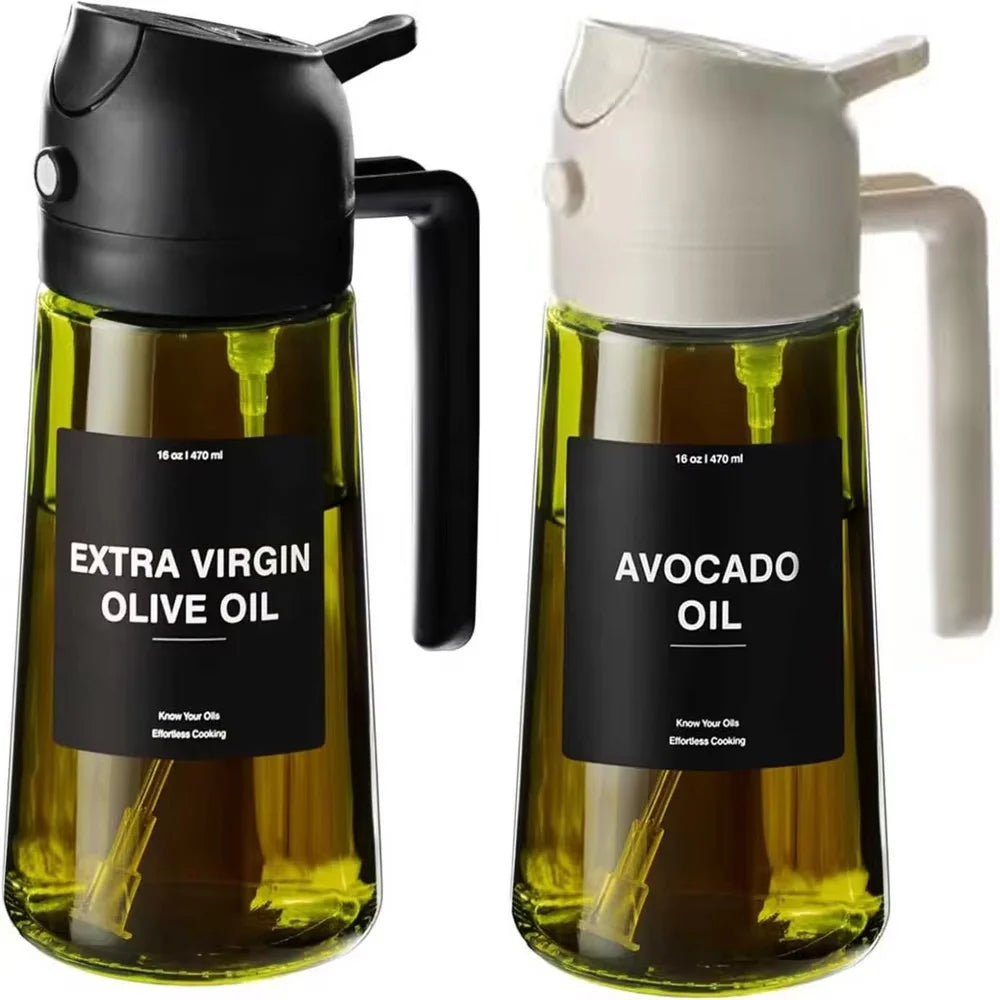 2-in-1 Olive Oil Dispenser & Sprayer 470ml Dark Green Glass Oil Bottle
