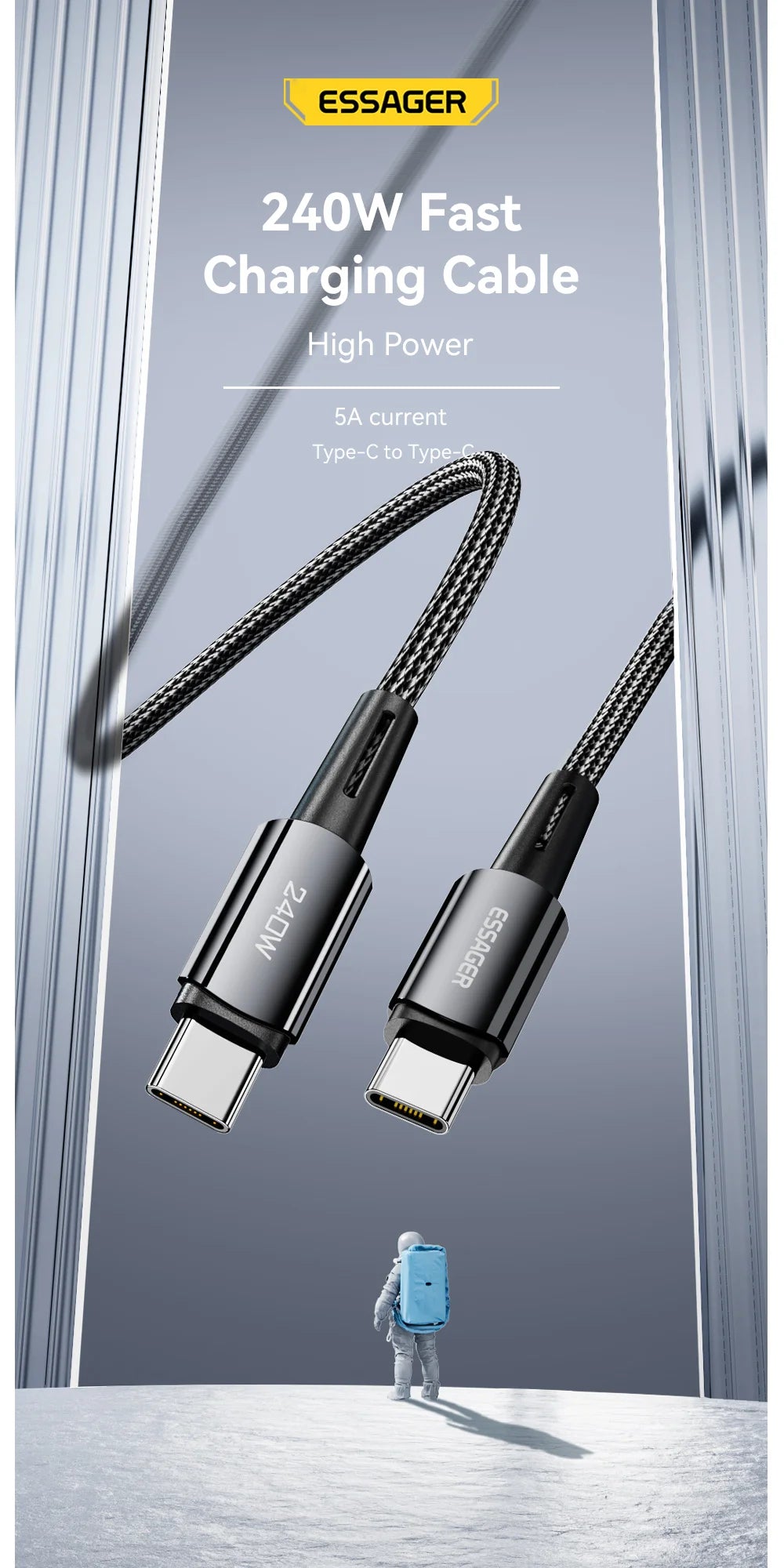 Essager 240W USB-C Fast Charging Cable – 6A High-Speed Type-C Cable