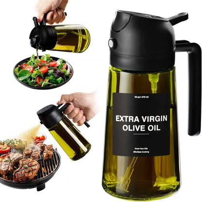 2-in-1 Olive Oil Dispenser & Sprayer 470ml Dark Green Glass Oil Bottle