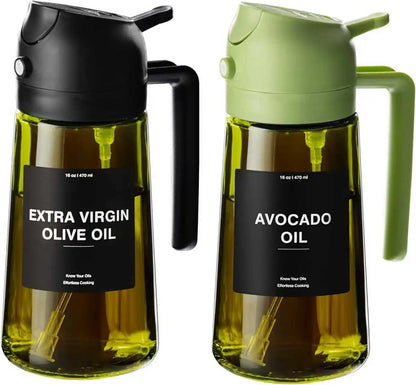 2-in-1 Olive Oil Dispenser & Sprayer 470ml Dark Green Glass Oil Bottle