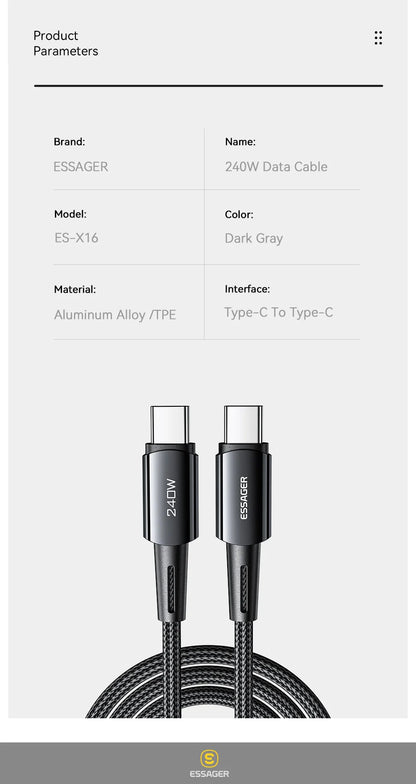 Essager 240W USB-C Fast Charging Cable – 6A High-Speed Type-C Cable